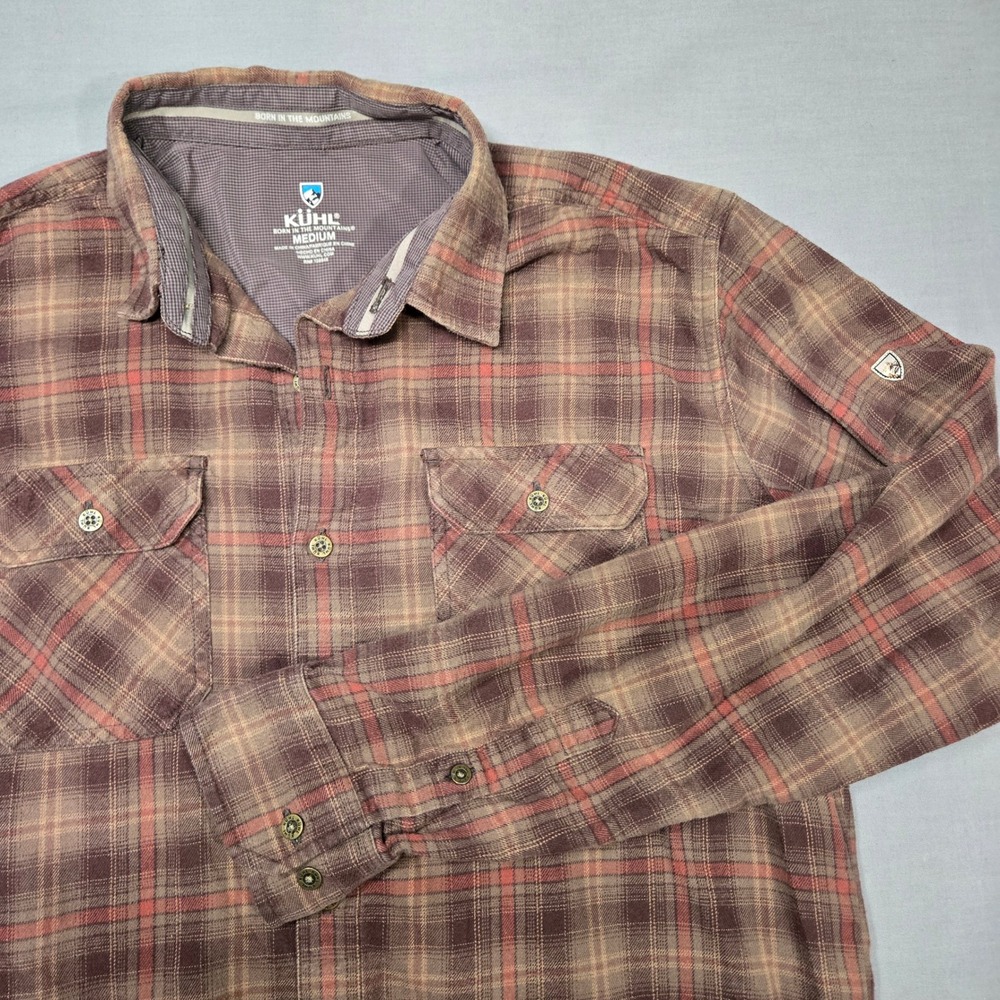 Kuhl Dillingr Flannel Button Down Shirt Medium Brown Plaid Long Sleeve